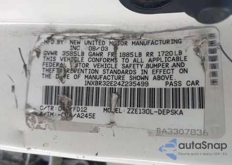 2004 Toyota Corolla S z USA, uszkodzony, nr VIN 1NXBR32E24Z235499